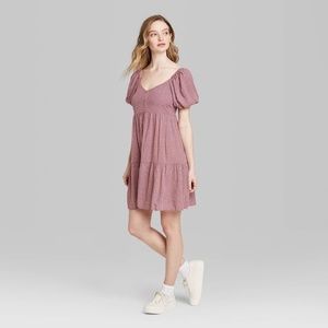 Mauve Polka Dot Puff Sleeve Babydoll Mini Dress L